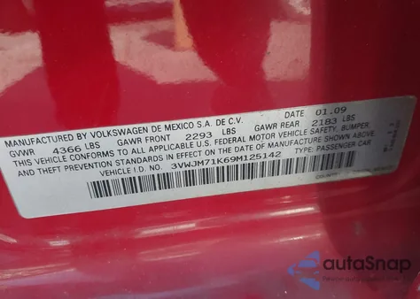 2009 Volkswagen Jetta S from USA, damaged, VIN 3VWJM71K69M125142